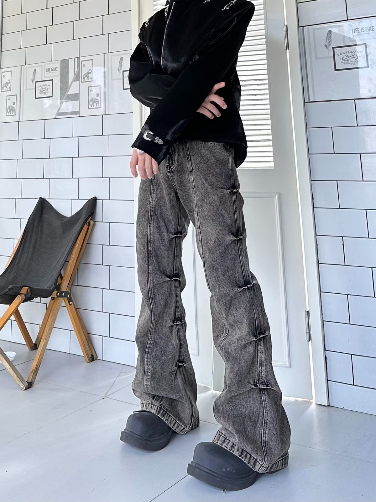 Men's Clothing Retro Old Wasteland Style Vintage Washed Distressed High Street Jeans For Men - Retro Wide Leg Trousers With Wrinkled Texture_mkmklike.com