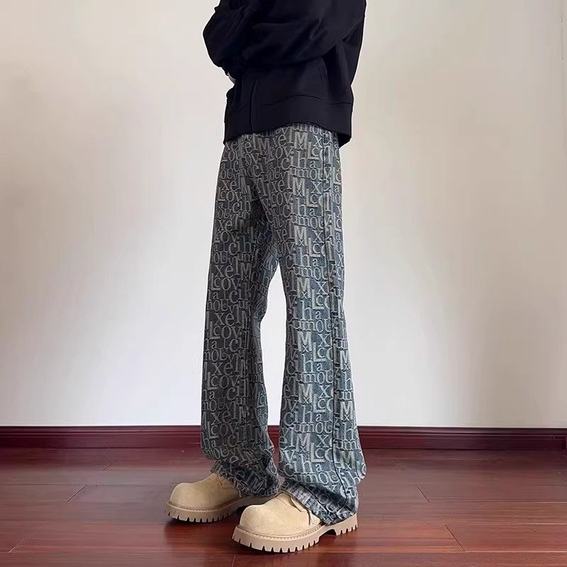 Men's Casual Vintage Letter Jacquard Jeans - Straight Leg Comfort Fit Polyester Denim Pants For Spring & Summer_mkmklike.com