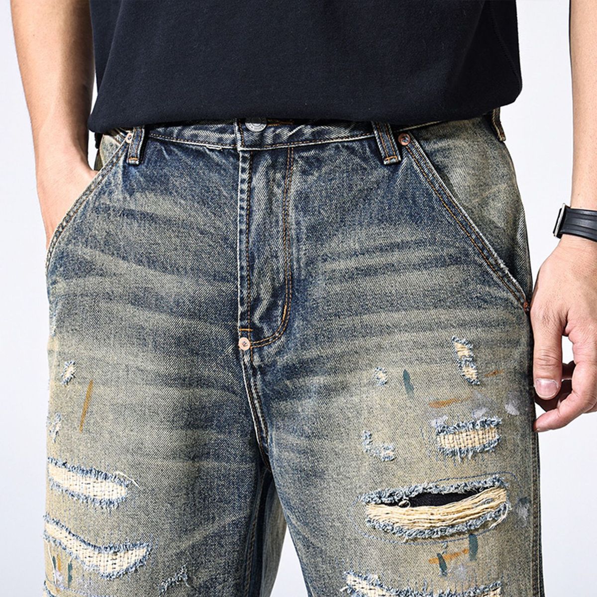 Vintage Distressed Denim Shorts For Men - Washed Blue Patchwork Casual Mid-Length Summer Shorts With Ripped Details_mkmklike.com