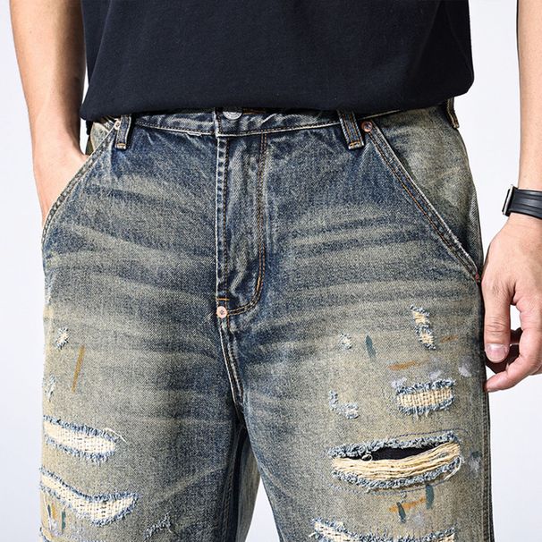 Vintage Distressed Denim Shorts For Men - Washed Blue Patchwork Casual Mid-Length Summer Shorts With Ripped Details_mkmklike.com