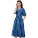 Cotton Cocoon Summer New Product Temperament Drawstring Waist Slimming V-Neck Sunscreen Tencel Denim Dress For Women's_mkmklike.com