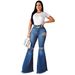 Women's Clothing Sexy Fashion Versatile Knee Hole Ripped Elastic Tight Denim Flared Pants_mkmklike.com