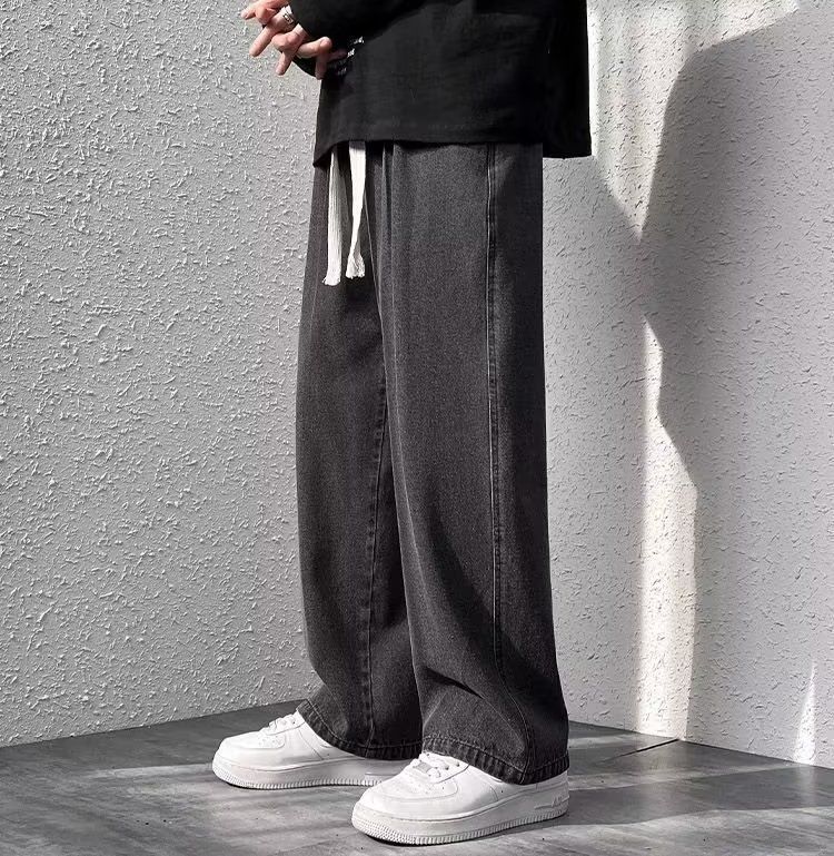 Men's Black Wide Leg Casual Jeans Straight Fit Korean Style Dad Pants Spring Trendy Plus Size_mkmklike.com