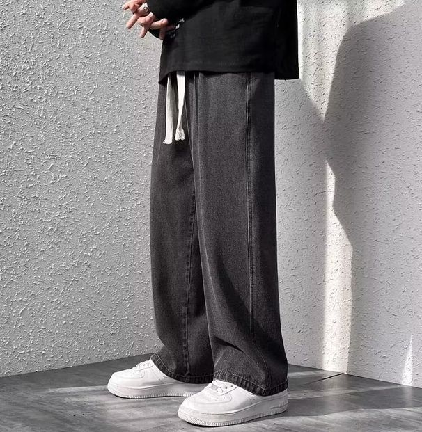 Men's Black Wide Leg Casual Jeans Straight Fit Korean Style Dad Pants Spring Trendy Plus Size_mkmklike.com