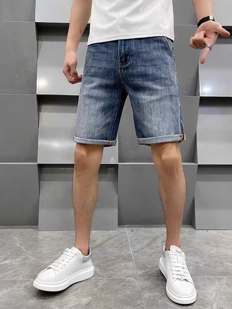 Men's Summer Blue Embroidered Denim Shorts Casual High-End Comfortable Fabric Trendy Five-Point Versatile Pants_mkmklike.com