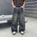Men's Trendy High Street Loose Fitting Wide Leg Jeans Dark Gray Washed Graffiti Design Unisex Midweight Cotton Long Pants_mkmklike.com