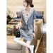 2025 Spring And Autumn New Lace V-Neck Dress, Women's High End Style, Temperament Splicing Cowboy Straight Tube Skirt_mkmklike.com