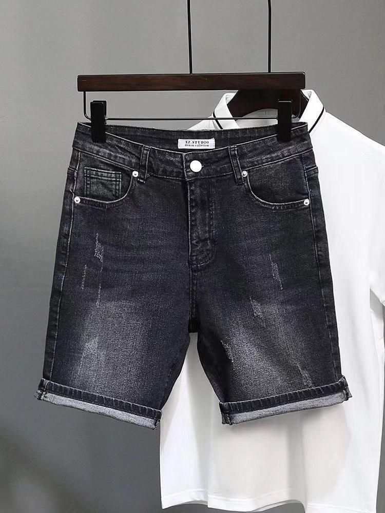 Men's Clothing Black Gray Denim Shorts Summer Style Scraped Slim Fitting High Street Trendy Five Point Pants_mkmklike.com