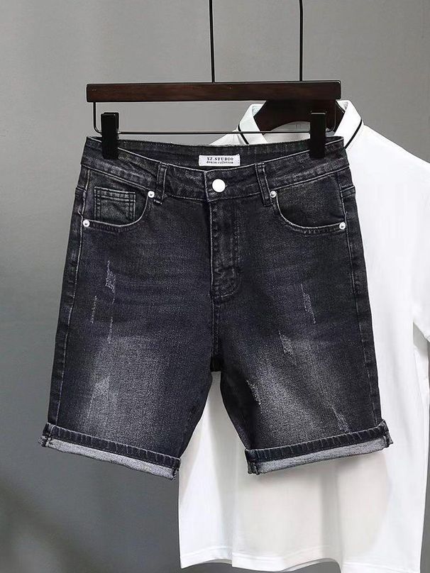 Men's Clothing Black Gray Denim Shorts Summer Style Scraped Slim Fitting High Street Trendy Five Point Pants_mkmklike.com
