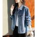 Women’s Vintage Denim Jacket – Classic Blue Stretch Polyester Coat, Oversized Casual Blazer For Slim & Plus-Size (S-5XL)_mkmklike.com
