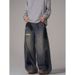 Men’s Clothing High Street Graffiti Jeans Men And Women Ripped Design Vibe Loose Wide Leg Bloomers_mkmklike.com