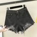 Women’s High-Waisted Distressed Denim Shorts – Frayed Hem & Button Details, Summer Casual Shorts In Black & More_mkmklike.com
