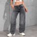High Street Bow Embroidered Wide Leg Jeans For Women - Cotton Blend Straight Denim Pants With Vintage Wash, Streetwear Chic, Dark Grey_mkmklike.com