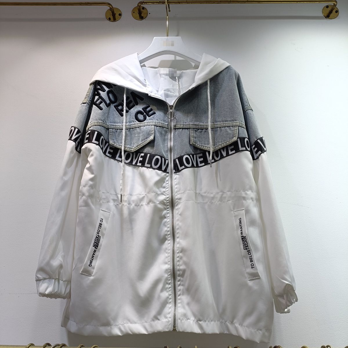 Women's Long Sleeve Hooded Denim Jacket With Zip-Up Design, Letter Print, Oversized Fit, Streetwear Style For Spring & Fall_mkmklike.com