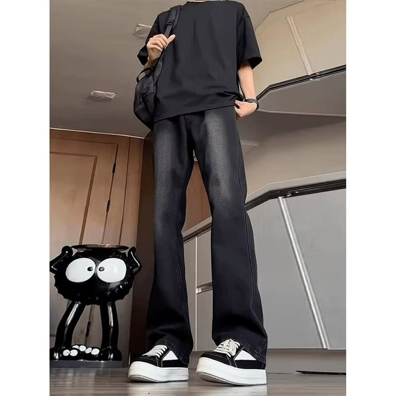 Men's Vintage Washed Flare Jeans – Retro Streetwear With Distressed Hem & High-Waisted Fit (S-3XL, Black, Polyester Stretch For Disco & Skate Vibes)_mkmklike.com