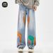 Men's Clothing Spring High Street Graffiti Wide Leg Jeans Loose Straight Leg Drape Trendy Pants_mkmklike.com