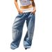 Women's Y2K Patchwork Straight Leg Jeans - Pure Cotton Low Rise Casual Denim With Elastic Waist & Roll-Up Hem_mkmklike.com