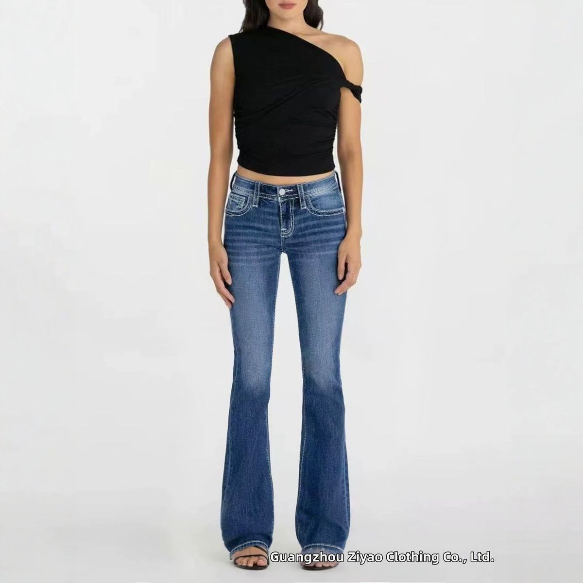 Women's Cross Embroidered Denim Jeans Stretchy Slim Fit Floor Length Blue Slightly Flared Summer Style_mkmklike.com