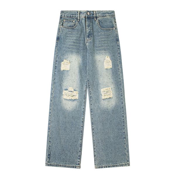 Men's Rhinestone Ripped Jeans Loose Straight Leg Retro Washed High Street Style Denim Pants New Spring_mkmklike.com