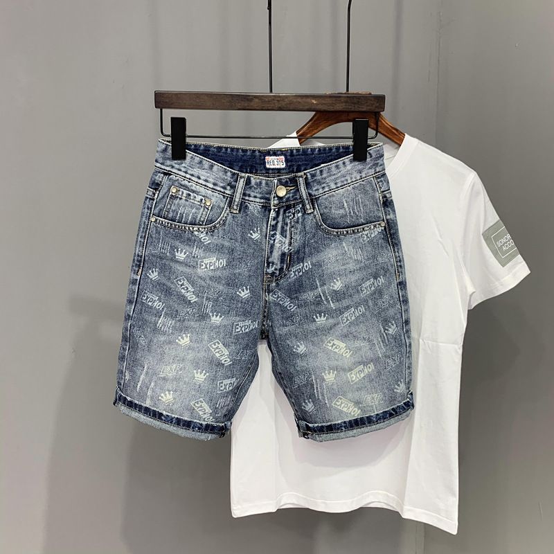 Men's Korean Style Summer Thin Denim Shorts Trendy Stretchy Loose Straight Leg Three Quarter Length_mkmklike.com