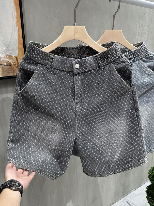 Men's Clothing Light Blue Washed Style Denim Shorts For Men With All Over Jacquard Print Distressed Finish Trendy Versatile Five Inch Summer Shorts_mkmklike.com