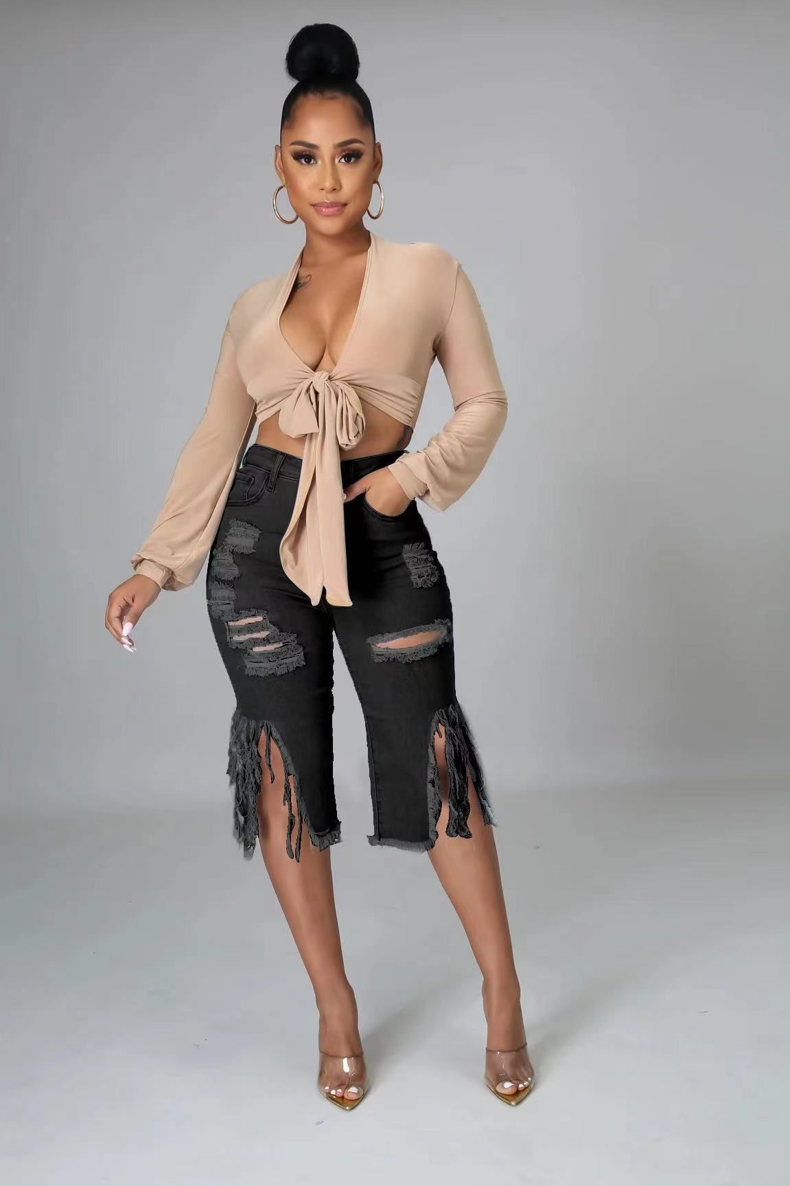 K New Stretchy Tassel Ripped Jeans Shorts For Women_mkmklike.com