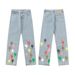 Original Shibuya Limited Washed Loose Straight Colorful Embroidered Lightning Jeans For Men And Women_mkmklike.com