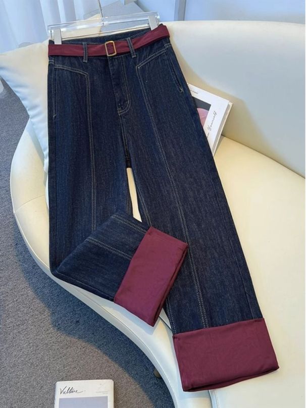 Women's Clothing Loose and slim casual stitching contrast jeans for women autumn and winter new hot girl straight wide leg pants_mkmklike.com