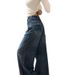 Petite Women's American Retro Distressed Flared Wide-leg Jeans, Loose High-waisted Slimming Straight-leg Casual Pants_mkmklike.com
