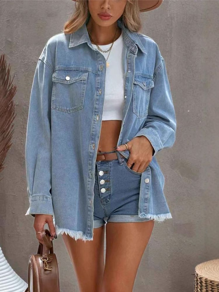 K New Denim Shirt Jacket With European And American Style Street Style, Brushed Edges, Tassel Hem, And Side Pockets_mkmklike.com