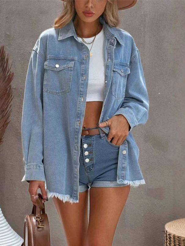 K New Denim Shirt Jacket With European And American Style Street Style, Brushed Edges, Tassel Hem, And Side Pockets_mkmklike.com