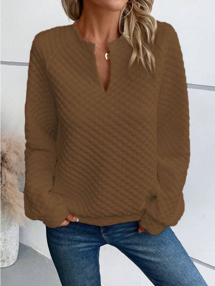 Women's Clothing solid color deep V neck splicing long sleeved women's casual sweatshirt_mkmklike.com