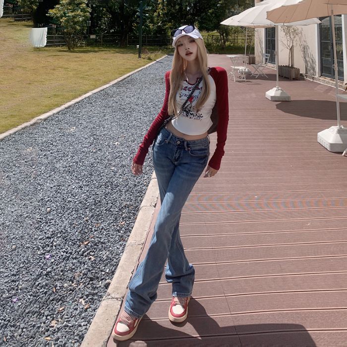 Women's Clothing Autumn And Winter Retro Hot Girl Low Waist Flared Pants Simple And Versatile Slim Fit Stretch Jeans_mkmklike.com