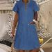 Women's Clothing Denim Dress Dark Blue Pocket Thin Mid Length V Neck Dress_mkmklike.com