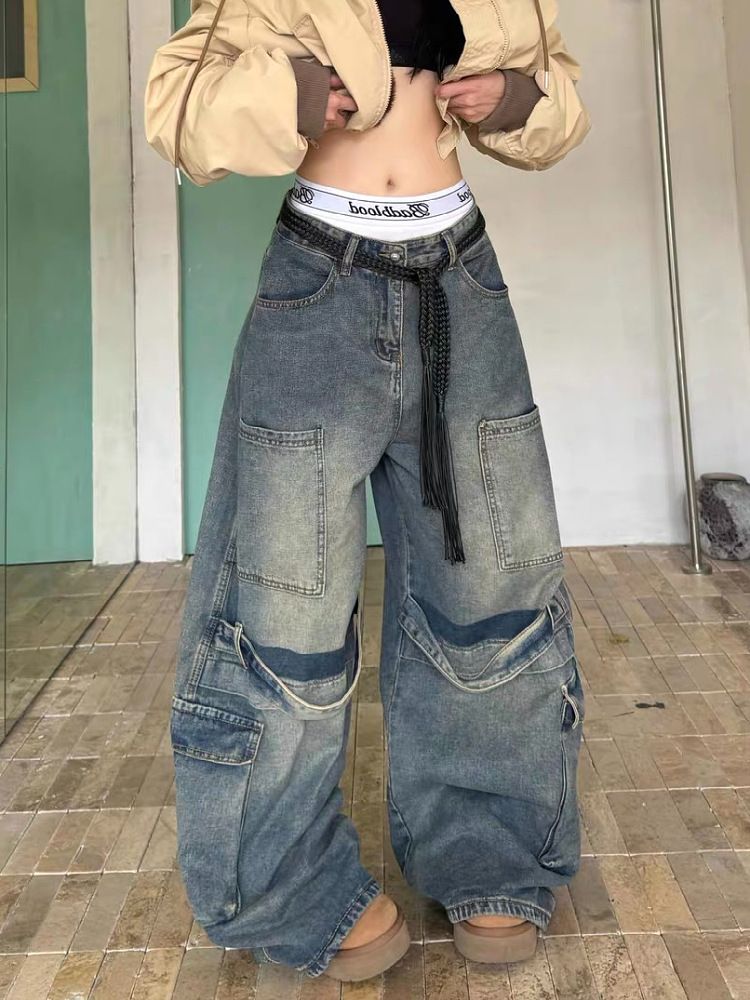 Vintage Washed Distressed Patchwork Cargo Jeans For Men & Women - Streetwear Baggy Wide-Leg Denim Pants With Asymmetrical Hem_mkmklike.com