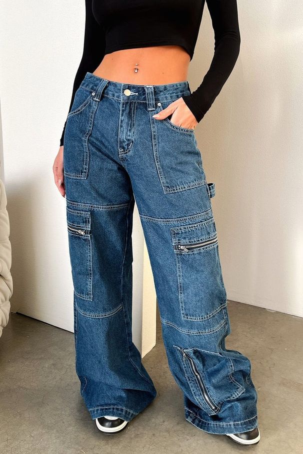Vintage High Waist Cargo Jeans For Women, Wide Leg Baggy Pants With Drop Hem, Streetwear Fashion, Retro Denim Trousers With Multiple Pockets_mkmklike.com