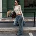 Women's Clothing Trendy Wide Leg Knife Pants Distressed Retro Blue Denim Fleece Lined Loose Curved Fit Street Style Washed Whiskered_mkmklike.com