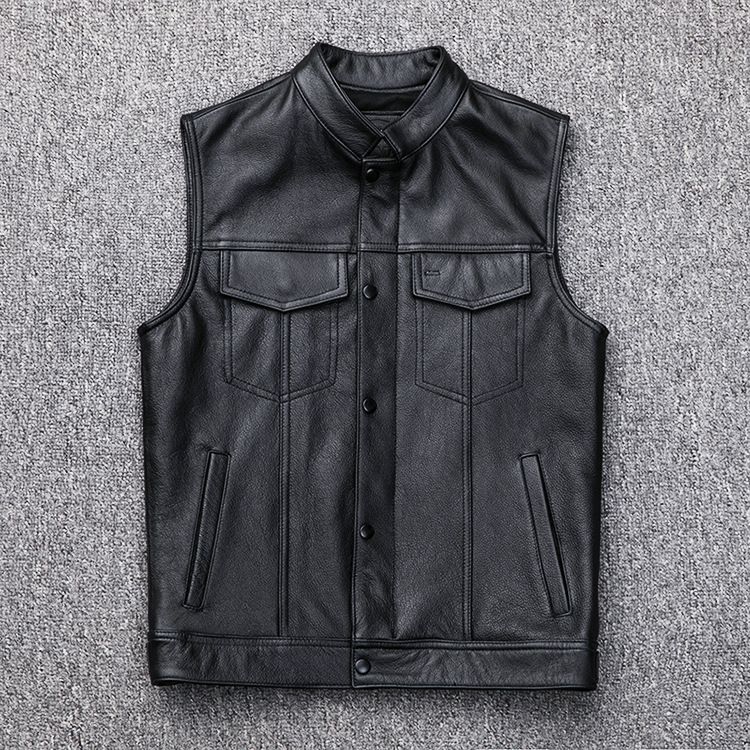 2024 Button Motorcycle Casual Leather Vest Large_mkmklike.com