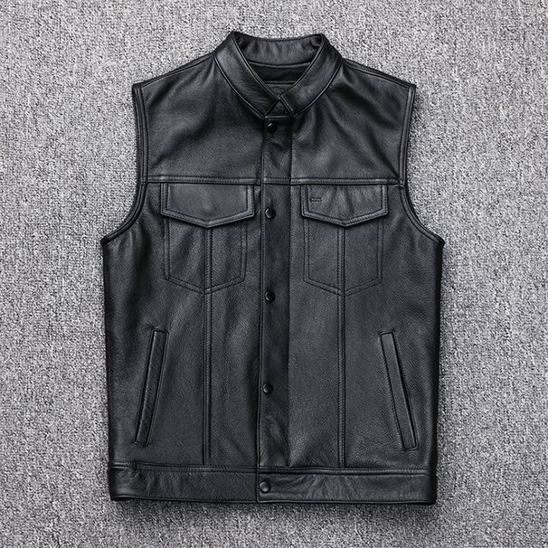 2024 Button Motorcycle Casual Leather Vest Large_mkmklike.com