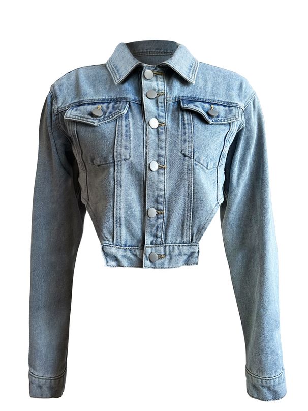 Women's Unique Design Irregular Side Cutout Short Denim Top Indigo Blue Spring/Autumn Workwear Streetwear Style Metal Buttons_mkmklike.com