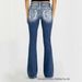Women's Cross Embroidered Denim Jeans Stretchy Slim Fit Floor Length Blue Slightly Flared Summer Style_mkmklike.com