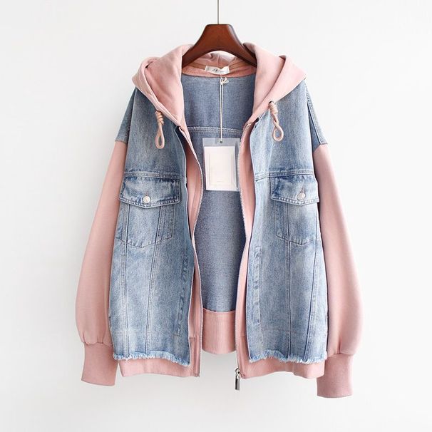 Women's Clothing Women's Plus Size Denim Jacket With Hood - Casual Baseball Style Open Front Cardigan For Spring & Fall (White, Pink)_mkmklike.com