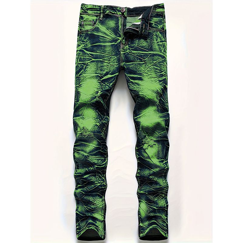 Men's Slim Fit Stretch Jeans Distressed Denim Pants Vintage Wash Blue Green 30-40_mkmklike.com