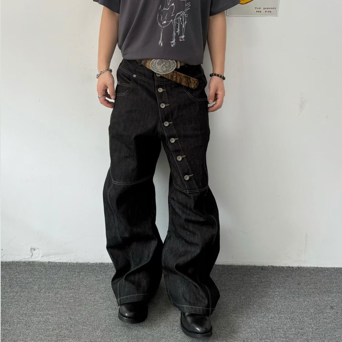 Men's Vintage High-Waisted Jeans – Distressed Wide-Leg Denim Pants With Curved Button Fly (S-3xl) Movement-Friendly Fabric_mkmklike.com