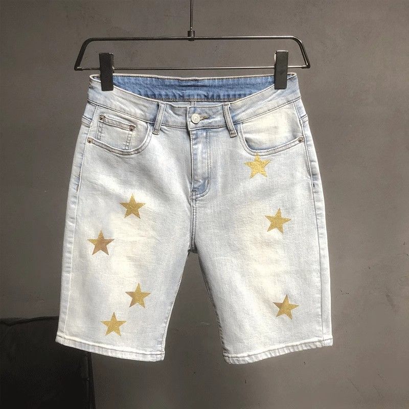 Men's American Retro Star Print Denim Capri Pants Loose Wide Leg Mid-Length Shorts Summer Style Thin Washed Look_mkmklike.com