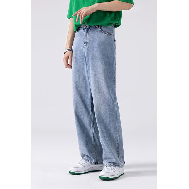 Nordmann American Style Washed Light Blue Jeans For Men With Belt Trendy Straight Spring Autumn Loose Wide-Leg Casual Long Pants_mkmklike.com