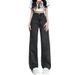 High-Waisted Wide Leg Jeans For Women -Trendy Black Gray Flowy Trousers, Straight Cut & Stretch Comfort, Long Hemline_mkmklike.com