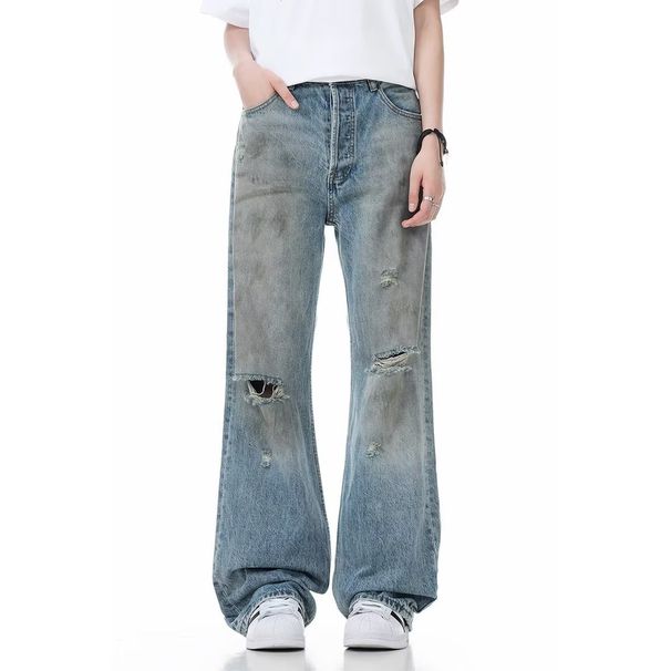Distressed Washed High-Street Straight Jeans With Tie-Dye & Ripped Details – Urban Grunge Style For Men_mkmklike.com