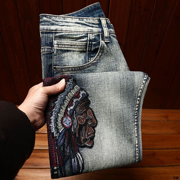 Embroidery Ripped Jeans Men's Elastic Trend Brand Slim Small Feet Trend Fashion Spring And Autumn High Street Casual Pants Men's_mkmklike.com