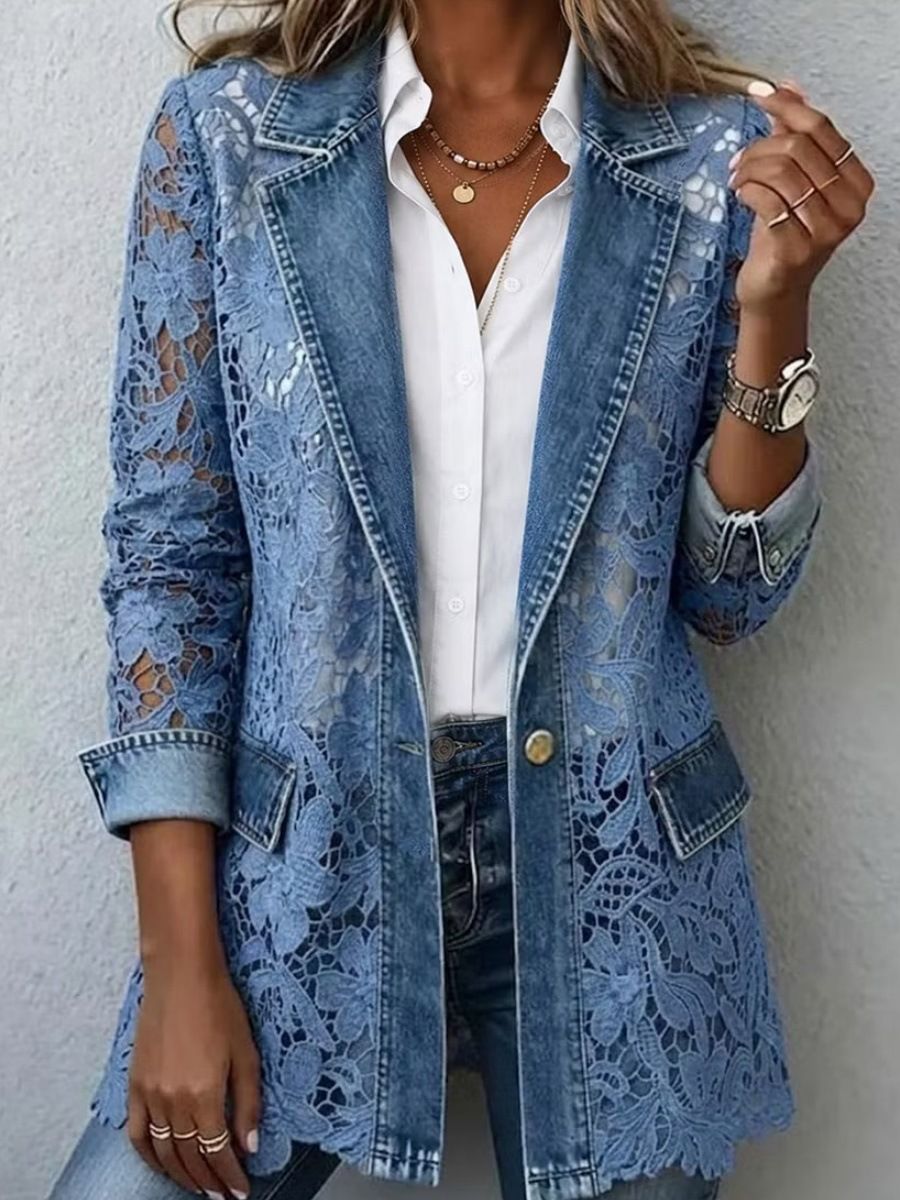 Women's Faux Denim Jacket Autumn Winter Single Button Mid-Length Patchwork Hollowed out Floral Lace Commuter Friendly_mkmklike.com